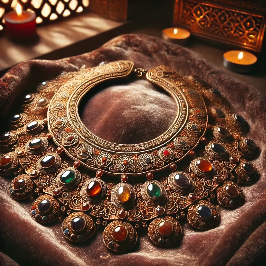 An heirloom necklace similar to the one used by Zaynab bint Muhammad to ransom her husband, representing the emotional and cultural significance of family artifacts. (Source: DALL - E)