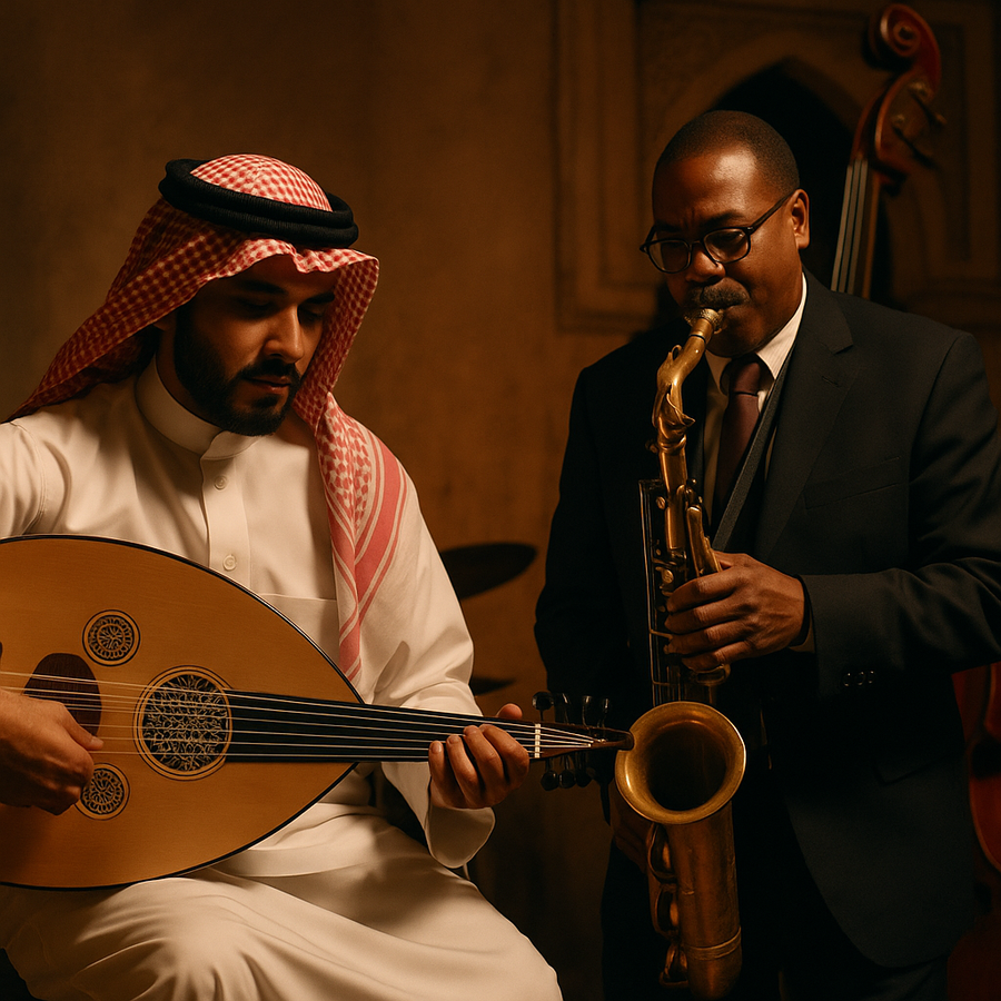 A Saudi musician in a traditional white thobe and red-checkered keffiyeh plays the oud alongside an African American jazz musician in a dark suit playing the saxophone, blending Middle Eastern and jazz traditions on stage.