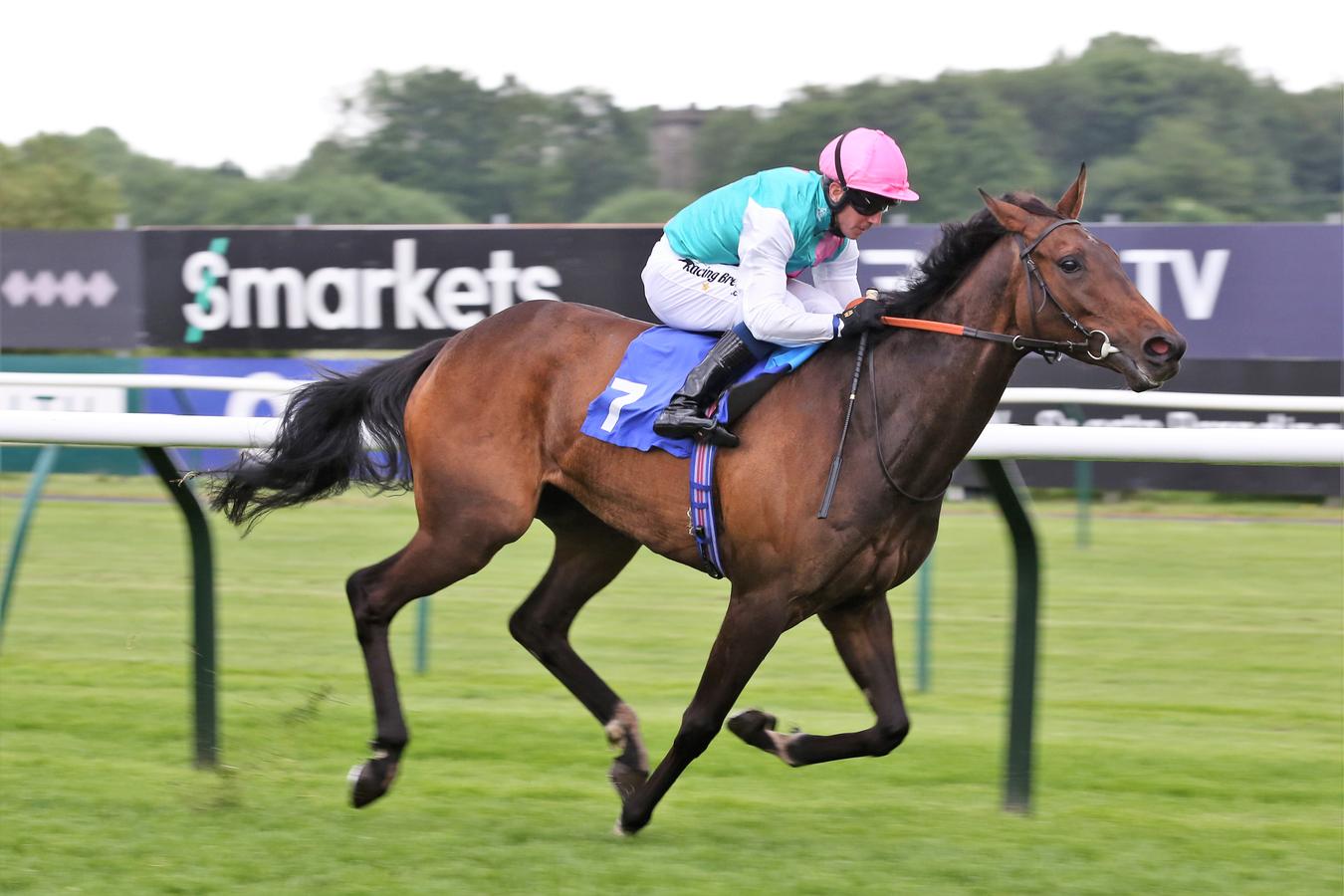 Juddmonte’s Sun Maiden, daughter of Frankel, claims victory in the 2019 Nottinghamshire Oaks under jockey Jim Crowley in Prince Khalid bin Abdullah’s racing silks.