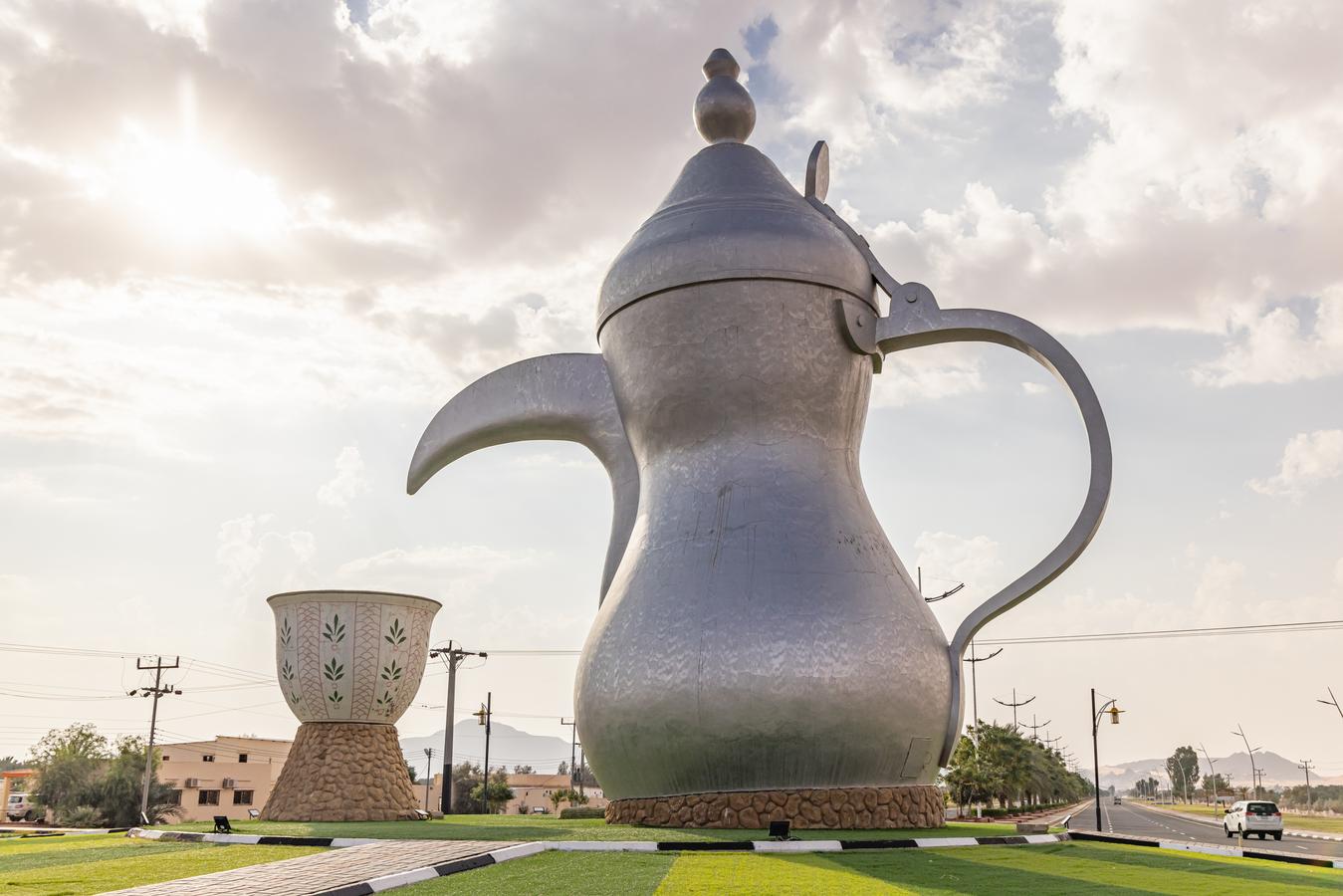 Traditional giant coffee pot sculpture in Jubbah, Hail Province, Saudi Arabia, symbolizing the region's heritage of hospitality.