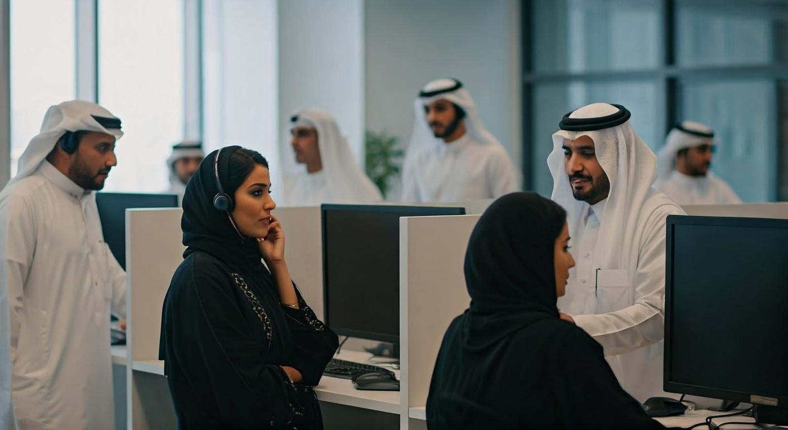 Saudi men and women working together in a modern office setting, wearing headsets and engaging at computer desks, symbolizing the changing dynamics of Saudi Arabia’s labor force.